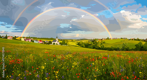 Idyllic countryside landscape with rainbows over flowering fields and village