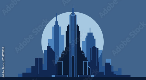 Futuristic blue cityscape silhouette with skyscrapers against moonlit backdrop