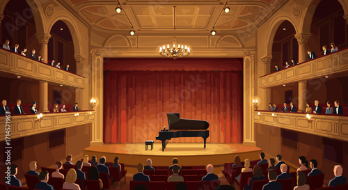 Elegant theater interior with grand piano on stage and audience seated