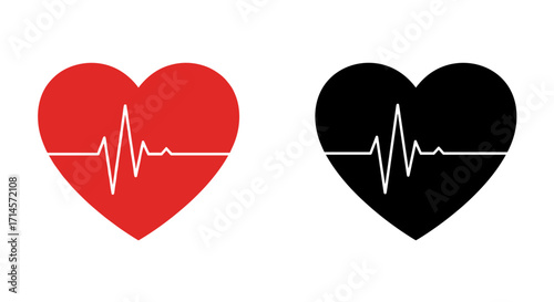 Heartbeat symbols with electrocardiogram line in red and black heart shapes