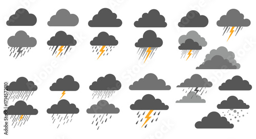 Diverse cloud icons with rain and lightning illustrations in flat design