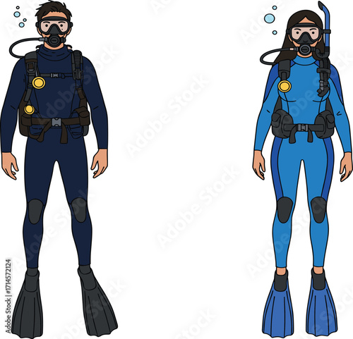 Scuba divers, underwater gear, oxygen tanks, diving masks, flippers, aquatic exploration, cartoon illustration, marine activity, wetsuit, bubbles