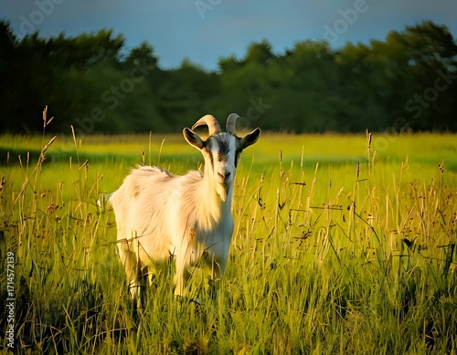 A goat in a grassy field at sunset.  Peaceful rural scene