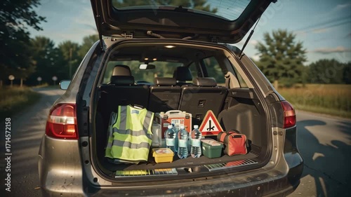 Trunk with emergency supplies including safety vest, water bottles, and first aid kit on roadside, concept of preparedness and travel safety
