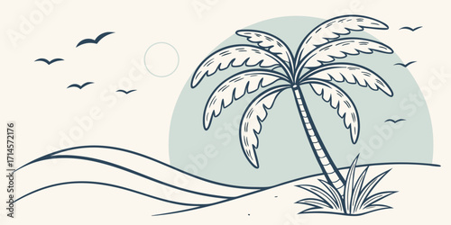 Serene coastal illustration: minimalist line art palm tree on beach, gentle waves, flying birds, pastel sunset background; peaceful, tranquil mood; perfect for travel, vacation, or summer themes.