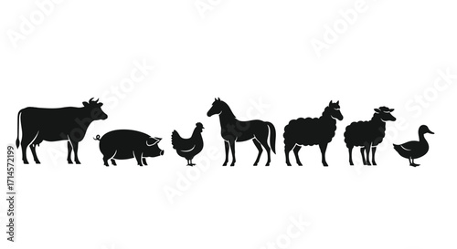 Black silhouette illustration of farm animals including goat, cow, horse, pig, sheep, and ducks walking in a row.
