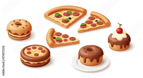 Delicious 3d foods: pizza slices, doughnuts, and chocolate cupcakes in realistic style