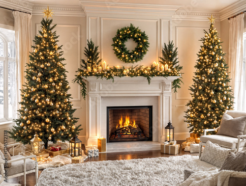 Christmas fireplace decorated with green garland, lit candles and illuminated tree.