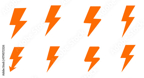 Orange lightning bolt icons set in flat style