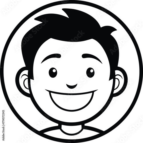 Simplified outline drawing of a smiling face emoji, black and white vector.