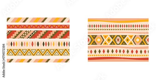 Vibrant ethnic stripes pattern featuring alternating bold colors and intricate geometric motifs Vector art design