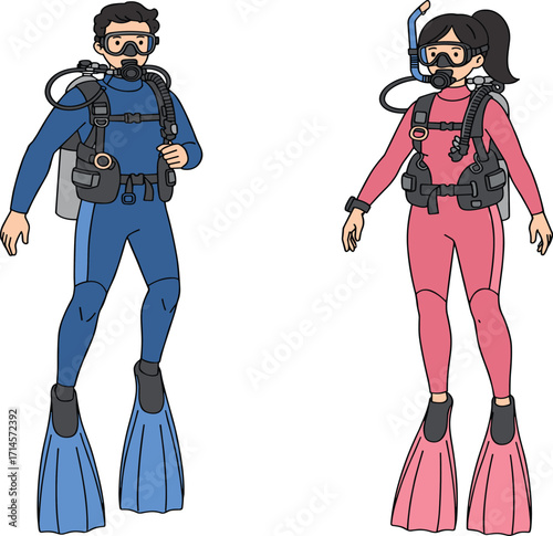 Scuba diving gear illustration, two divers in wetsuits with tanks, fins, masks, underwater sport, summer activity, adventure, recreation, safety