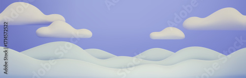 Photography 3d cartoon hills with fluffy clouds on light blue sky - minimalist vector landscape background