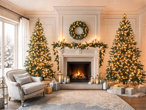 Brightly lit Christmas tree with golden decorations next to the lit fireplace
