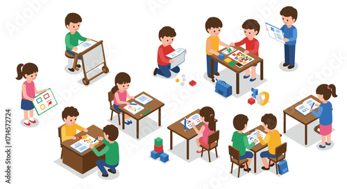 Isometric children engaged in montessori activities and learning in a classroom setting
