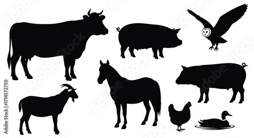 Vector silhouettes of farm animals including cow, pig, goat, chicken, and bird of prey in rustic countryside design.