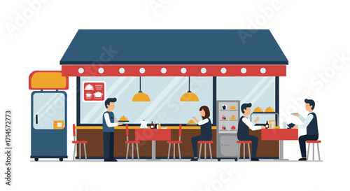 Outdoor cafe scene with people dining and interacting in a modern minimalist style