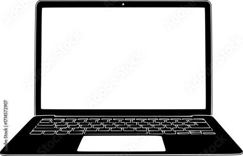 a black and white image of a laptop, white screen, black frame, keyboard, simple design, vector illustration