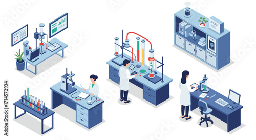 Modern scientific laboratory with researchers conducting experiments in isometric design