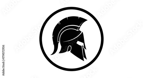 A minimalist black and white graphic of a Spartan helmet inside a circle.