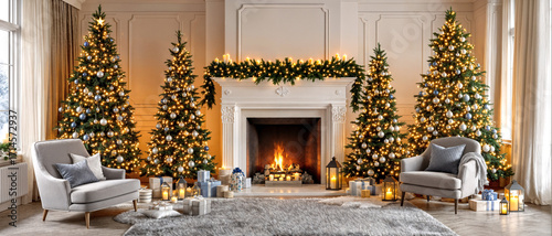 Elegant Christmas living room with a lit fireplace, decorated trees and gift boxes