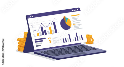 Isometric laptop displaying financial graphs and charts with coin stacks