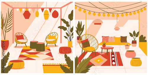 Warm inviting outdoor tribal patio bathed in golden sunlight with patterned cushions and rustic decor Vector art design