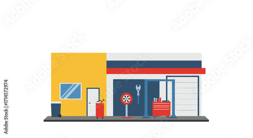 Modern auto repair garage with lift and tools in flat design style
