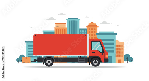 Red delivery truck in cityscape with colorful buildings and trees