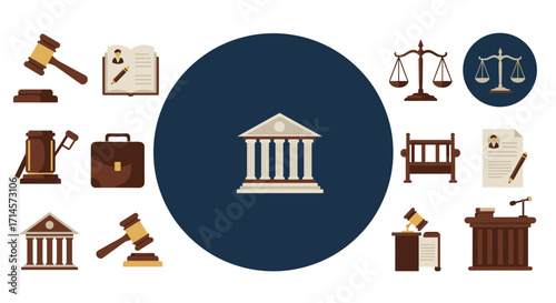 Elegant judicial symbols in flat design featuring gavel, scales, and courthouse icons
