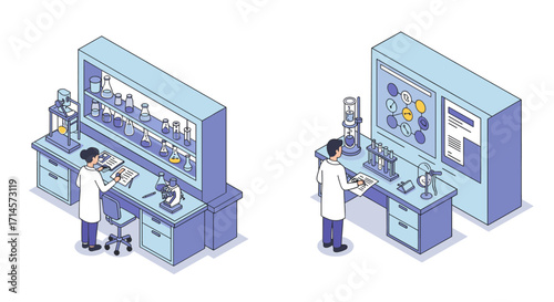 Isometric science laboratory with researchers analyzing data in modern lab setting