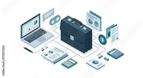 Organized office space with laptop and briefcase in isometric design for efficient work