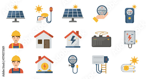 Renewable energy icons set featuring solar panels and electrical components