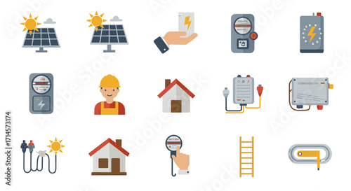 Renewable energy icons with solar panels, batteries, and electric meters in flat style