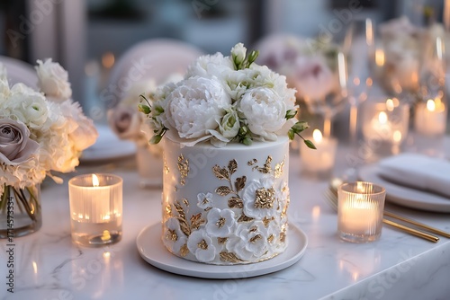 An elegant birthday dinner setup with a sophisticated white cake topped with edible gold leaf and surrounded by soft candlelight and fresh blooms