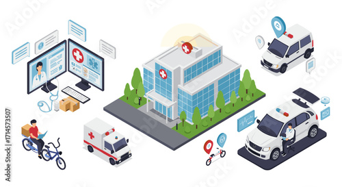 Isometric healthcare center with technological and transport elements