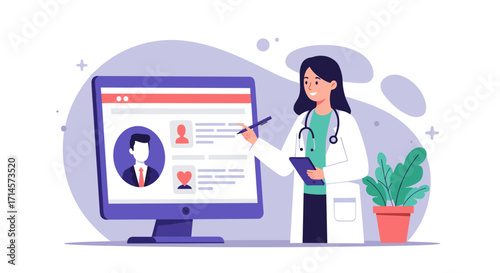 Female doctor explaining patient profile on computer screen in flat design with medical icons