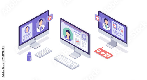 Online medical consultation isometric design with computers showcasing doctor profiles