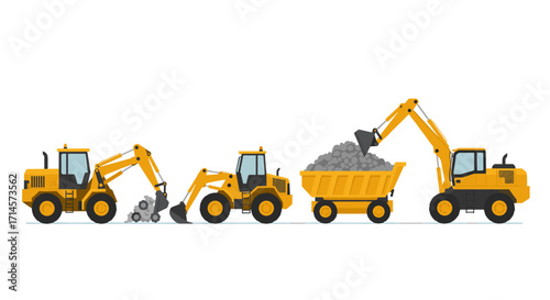 Heavy construction equipment in flat design: excavators and dump trucks