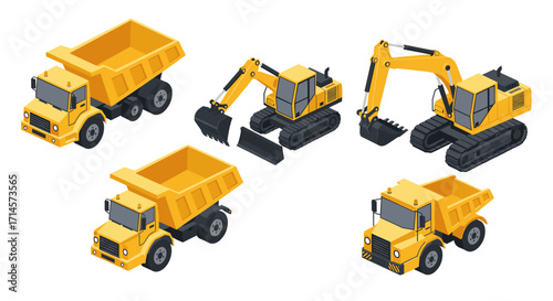 Construction vehicles set in isometric style featuring excavator and dump truck