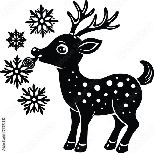 A silhouette vector illustration of a wild deer near a cartoon christmas tree