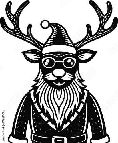 A festive Christmas deer with a big smile and antlers is illustrated with snowflakes and a heart