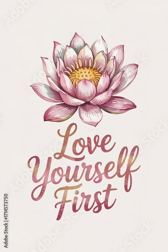 Pink Lotus Flower with Inspirational Quote Love Yourself First