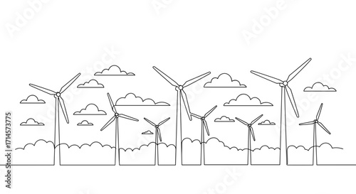 Wind turbines and clouds in simple continuous line drawing style  