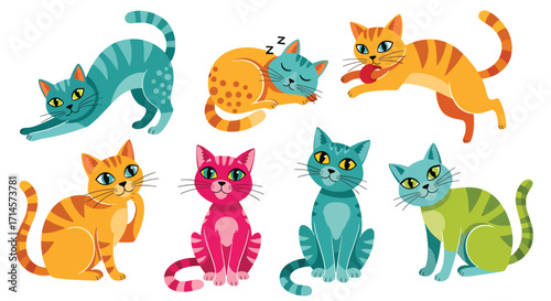 Colorful cartoon illustration of multiple cats in playful poses, stretching, sitting, and interacting in cheerful pet design.