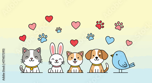 Cartoon animal friends including cat, rabbit, dog, guinea pig, and bird with hearts and paw prints above them in cute design.