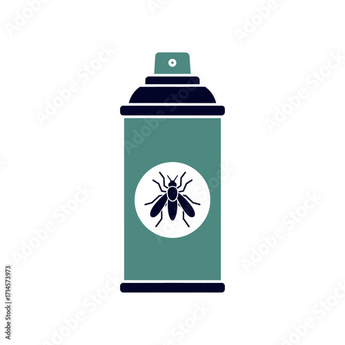 A teal spray can with a fly emblem, representing insect control and pest elimination.