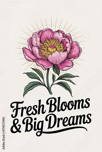 Pink Peony with Gold Rays and Inspirational Text 