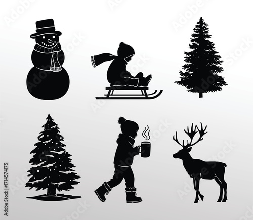 A charming collection of black winter silhouettes features a festive snowman, a child sledding, evergreen pine trees, a child enjoying a hot drink, and a majestic deer.