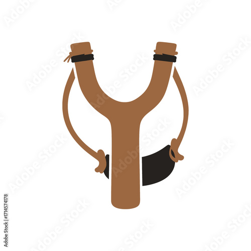 A simple, stylized illustration of a brown slingshot, ready for use, isolated on white.